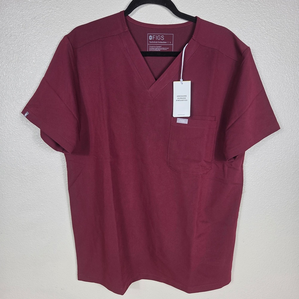 FIGS Leon Two-Pocket Scrub Top Men's L Burgundy Technical Collection NWT